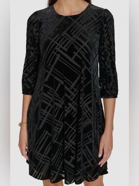 Calvin Klein Black Velvet Burnout Long Sleeve Dress